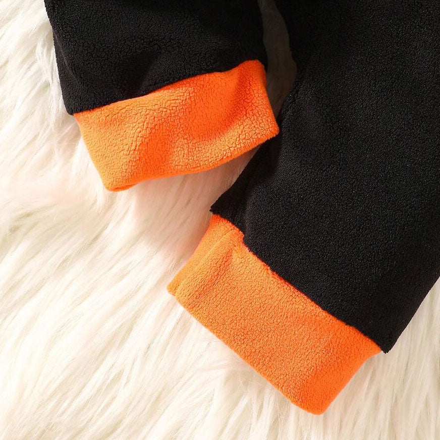 Halloween Pumpkin Embroidery Long Sleeve Fuzzy Hoodie Baby Jumpsuit