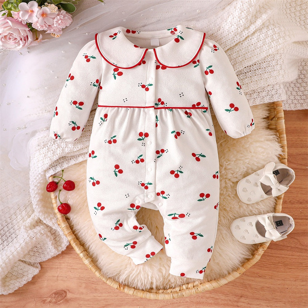 Cute Cherry Print Lapel Long Sleeve Baby Jumpsuit