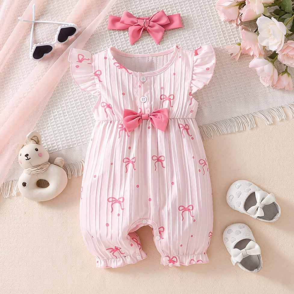 2PCS Elegant Bow Printed Flutter Sleeve Baby Jumpsuit