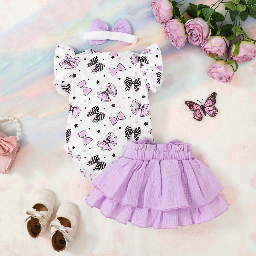 3PCS Summer Cartoon Bow Printed Round Neck Cap Sleeve Baby Set