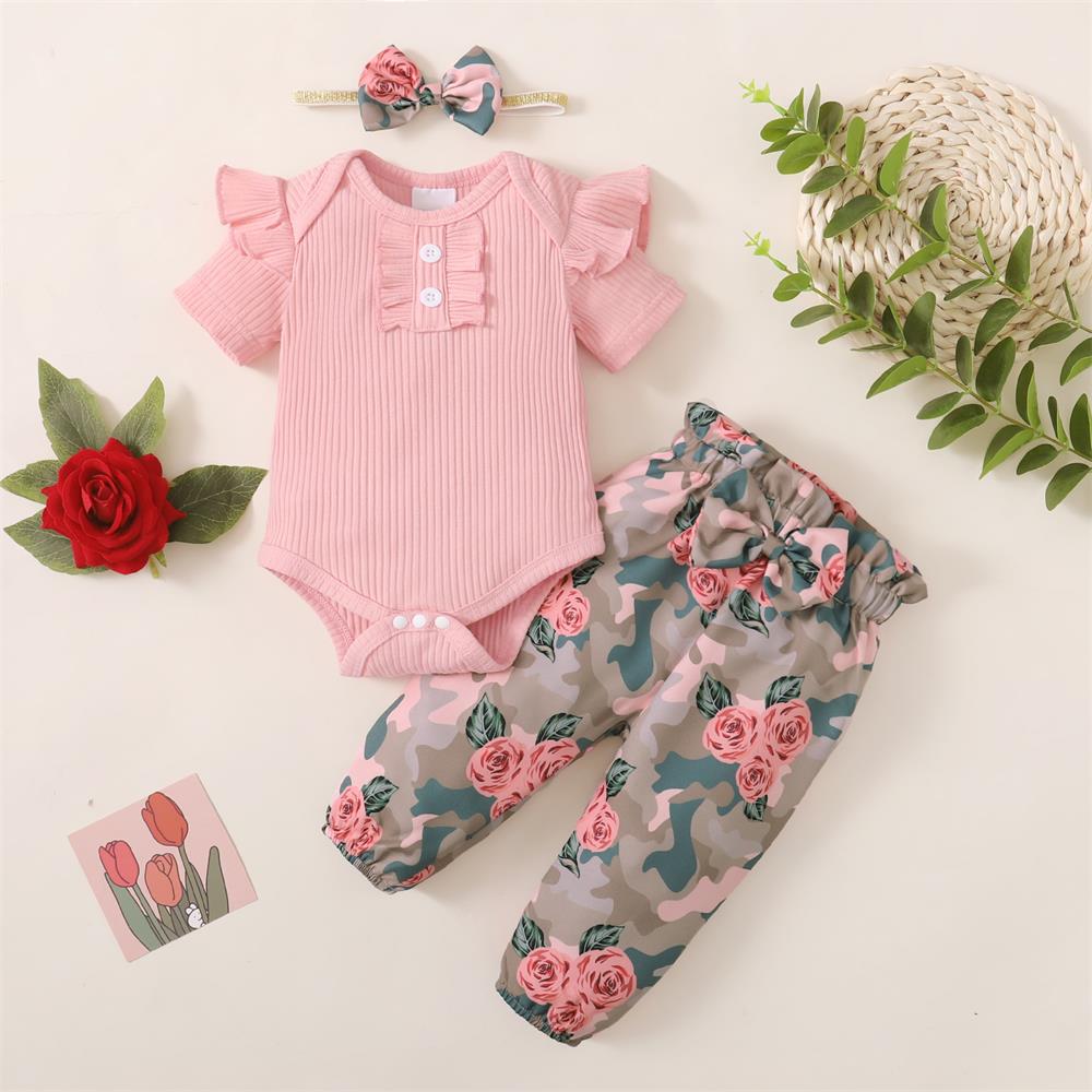 3PCS Fashion Floral Print Short Sleeve Baby Set