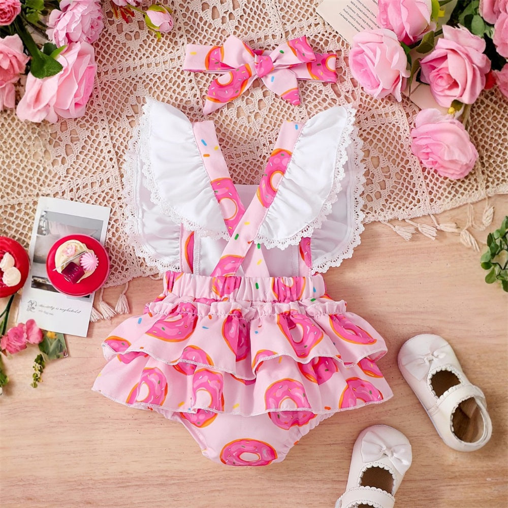 2PCS Sweet One Letter Donut Printed Fly Sleeve Baby Romper