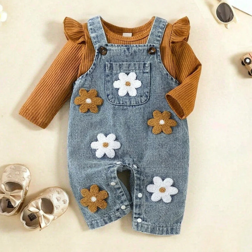 2PCS Pretty Floral Applique Long Sleeve Baby Denim Overalls Set
