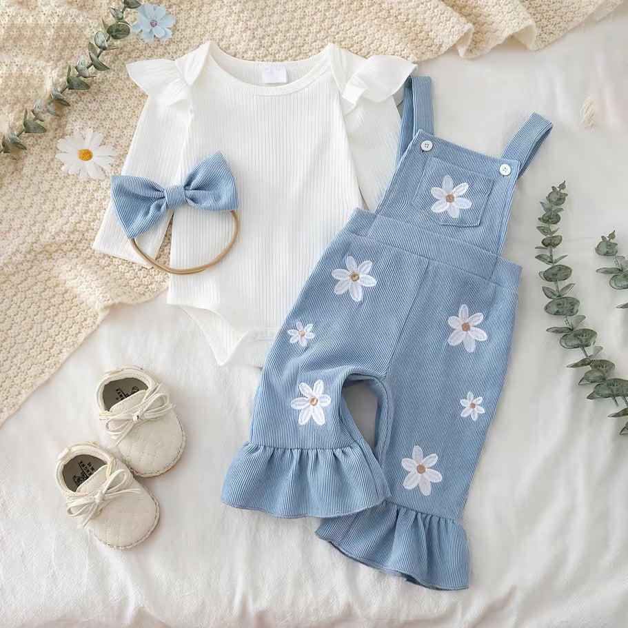 3PCS Sweet Floral Embroidered Long Sleeve Baby Corduroy Overalls Set