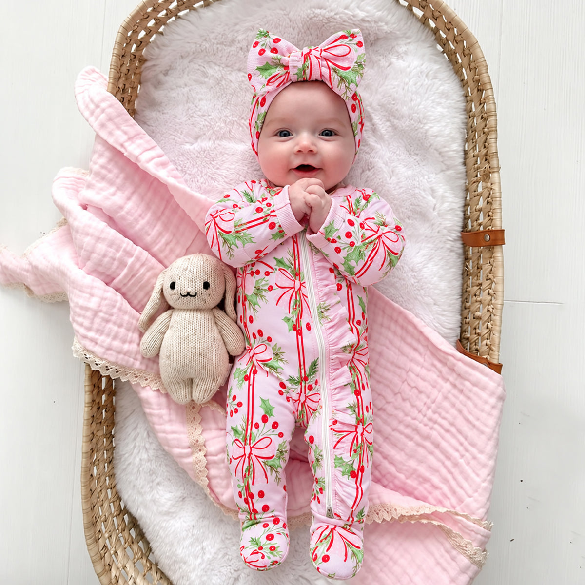 2PCS Holly Berry Bow Print Long Sleeve Baby Girl Zipper Jumpsuit