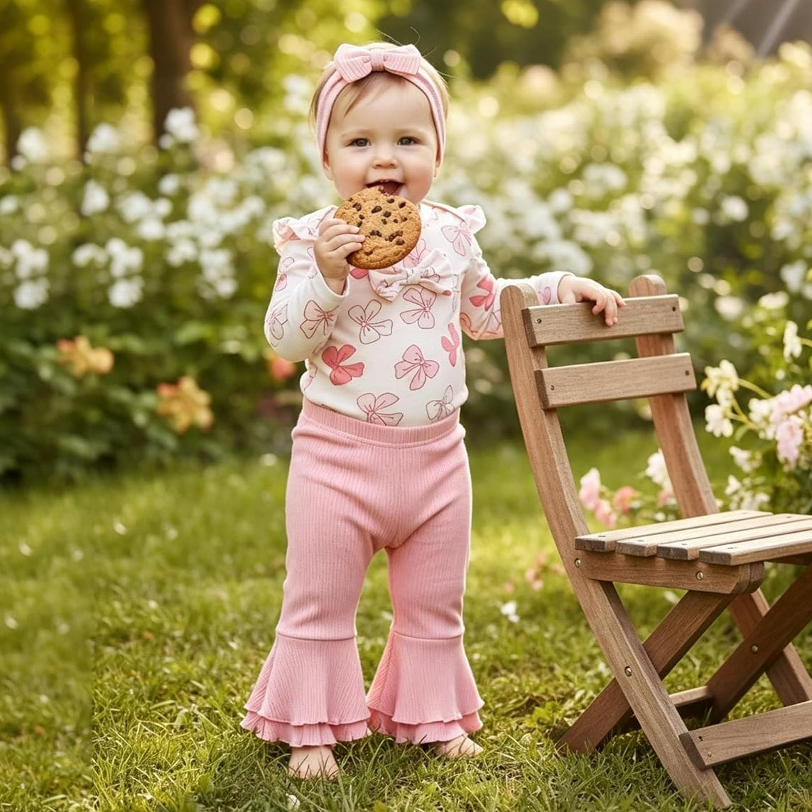 4PCS Sweet Bow Print Long Sleeve Baby Girl Set
