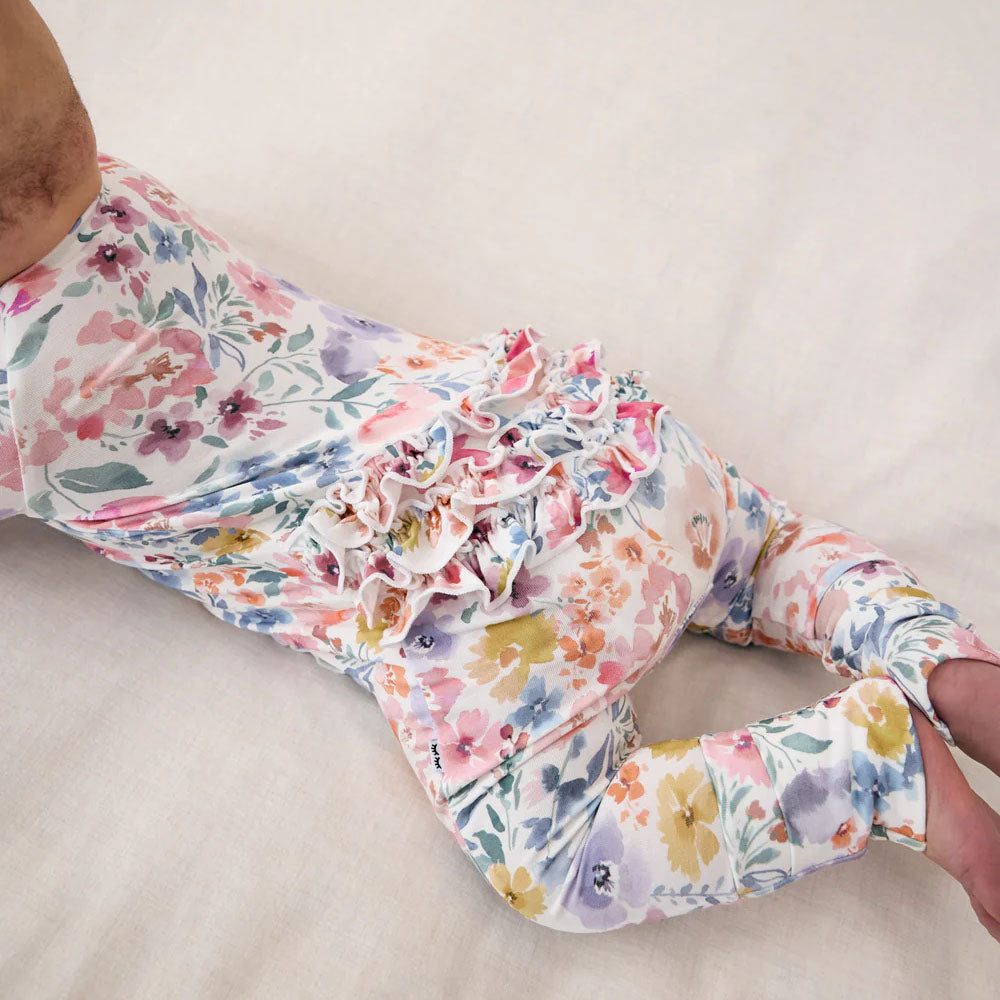 Allover Floral Print Ruffle Zipper Long Sleeve Baby Jumpsuit
