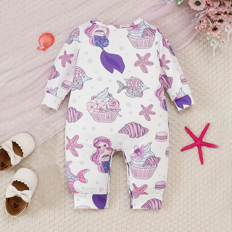 Elegant Mermaid Printed Long Sleeve Baby Jumpsuit