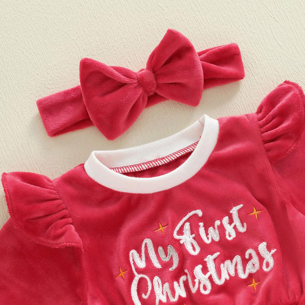 2PCS Christmas Star Print Velvet Fuzzy Baby Romper