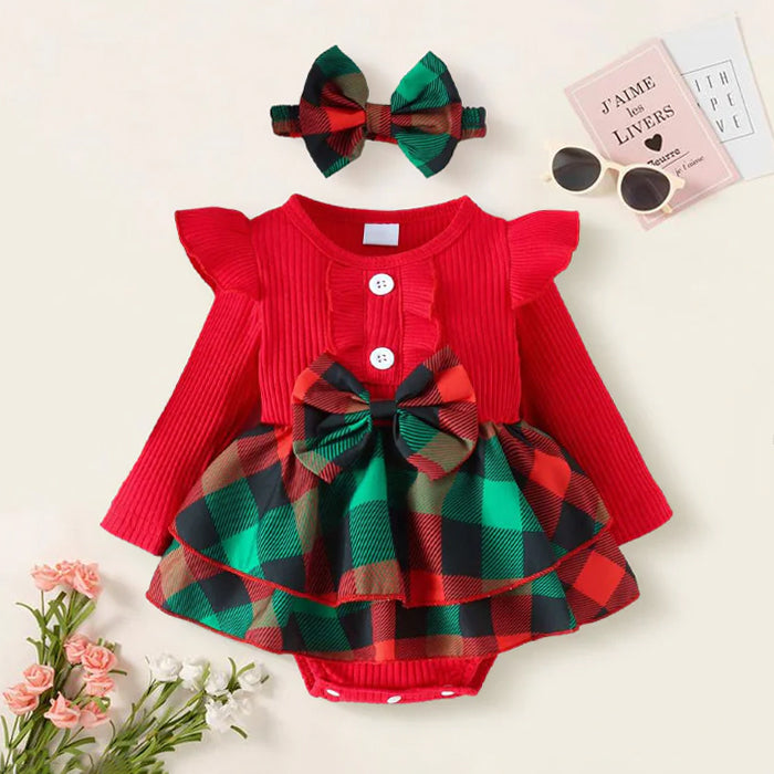 2PCS Pretty Christmas Plaid Printed Long Sleeve Baby Romper