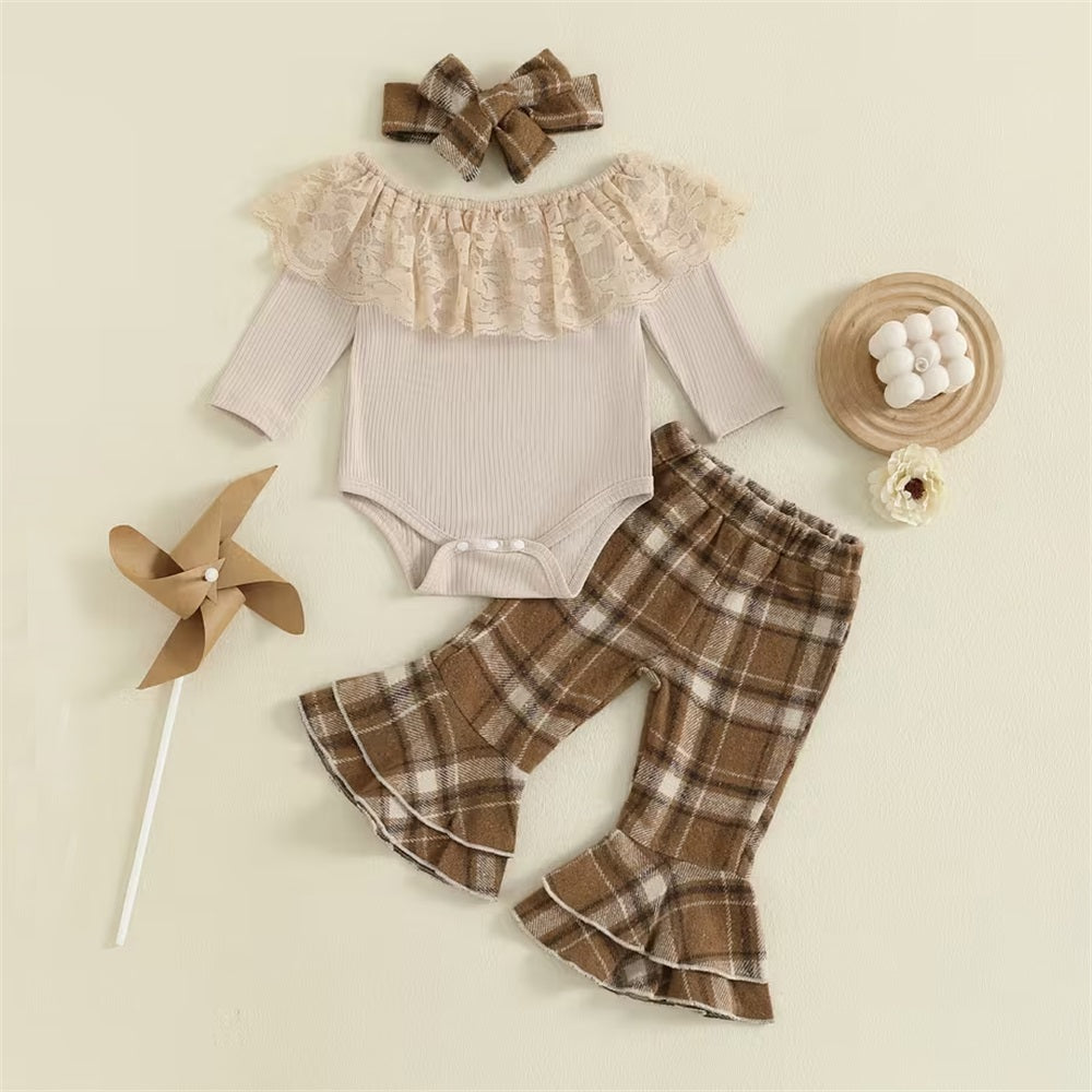 3PCS Trend Plaid Print Lace Decor Long Sleeve Baby Set