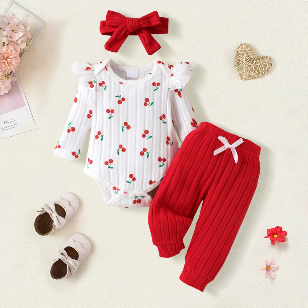 3PCS Cute Soft Cherry Print Long Sleeve Baby Set