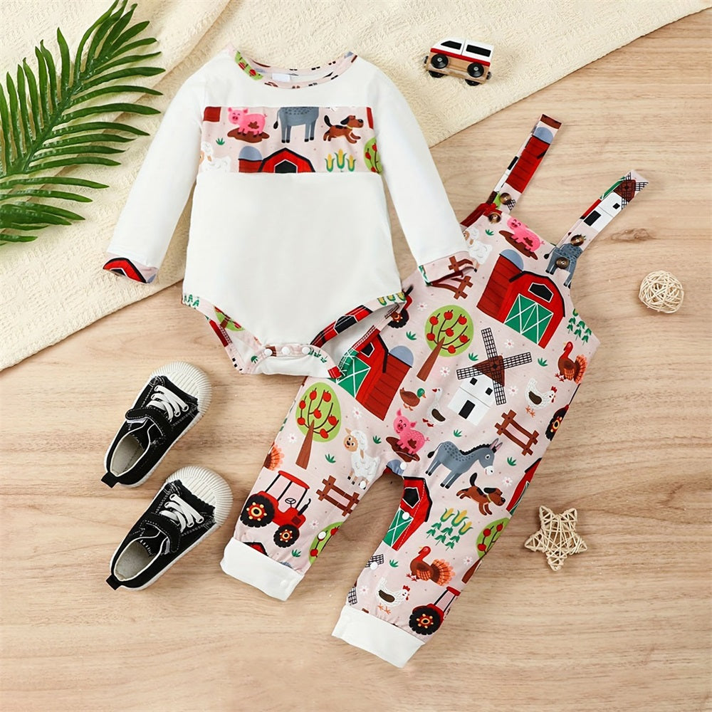 2PCS Farm Animal Print Long Sleeve Baby Overalls Set