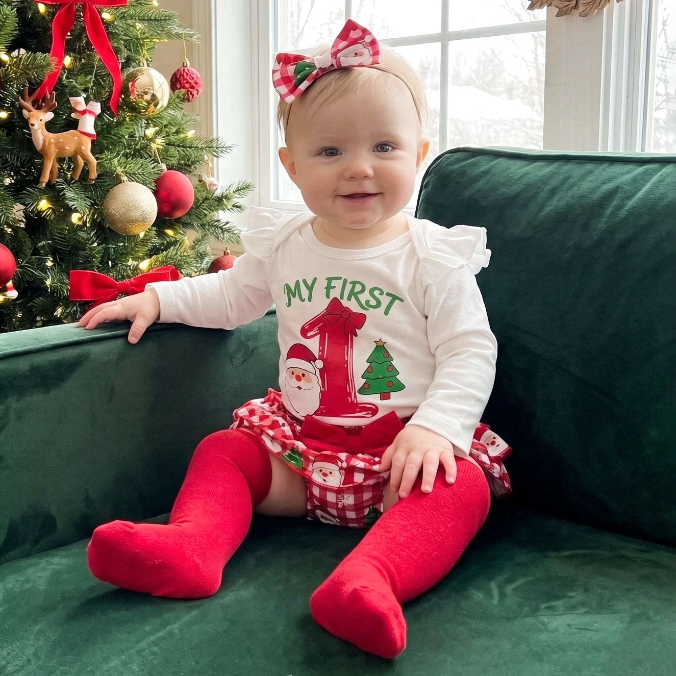 4PCS My First Christmas Letter Plaid Santa Claus Print Baby Set