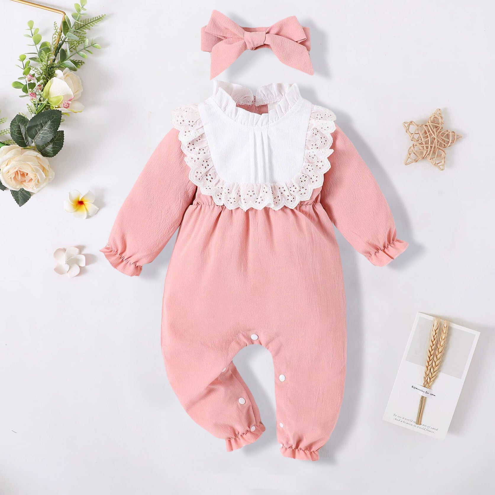 2PCS Comfy Colorblock Lace Trim Long Sleeve Baby Jumpsuit