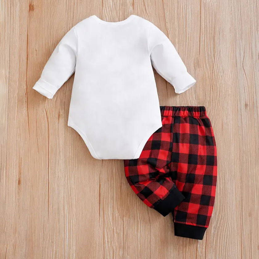 2PCS My First Christmas Letter Plaid Printed Baby Set