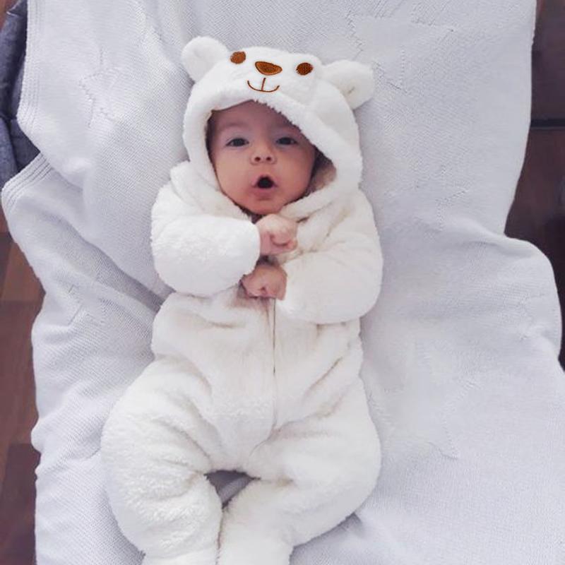 Autumn And Winter Sweet Bear Solid Printed Long-sleeve Baby Hoodie Jumpsuit