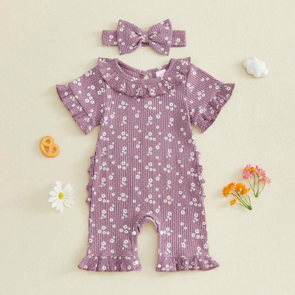 2PCS Sweet All-over Daisy Print Short Sleeve Baby Jumpsuit