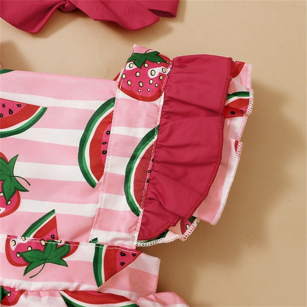 2PCS Watermelon Printed Striped Fly Sleeve Baby Romper