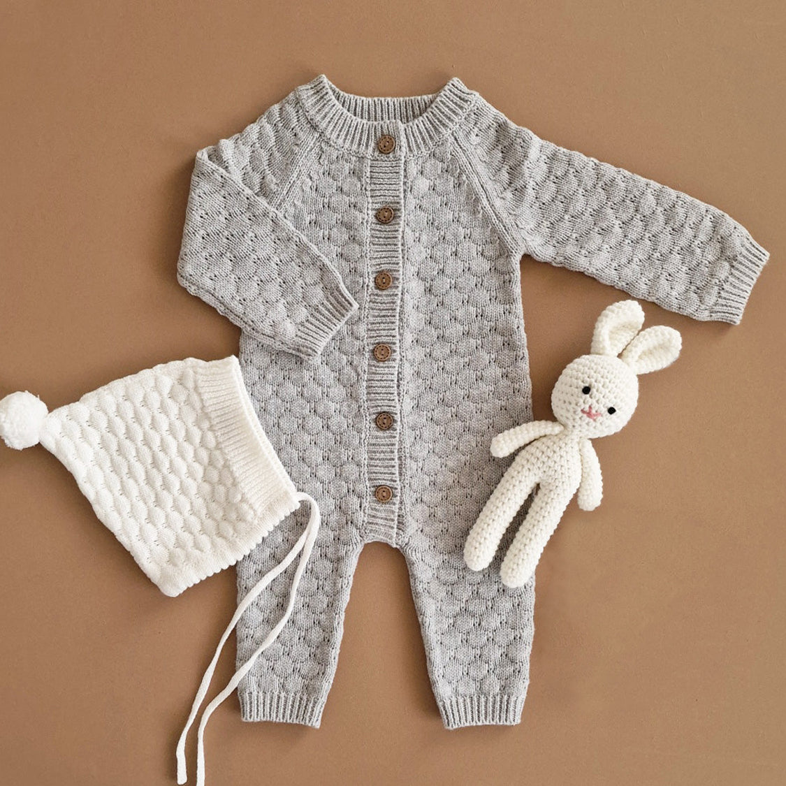 Comfy Solid Color Long Sleeve Knit Baby Jumpsuit