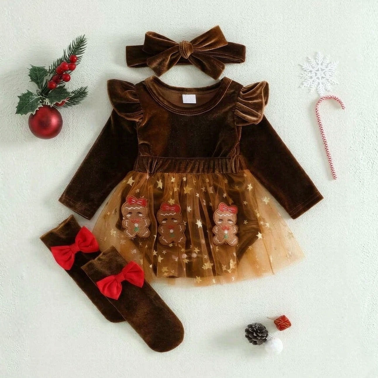 3PCS Lovely Christmas Gingerbread Embroidery Velvet Baby Romper