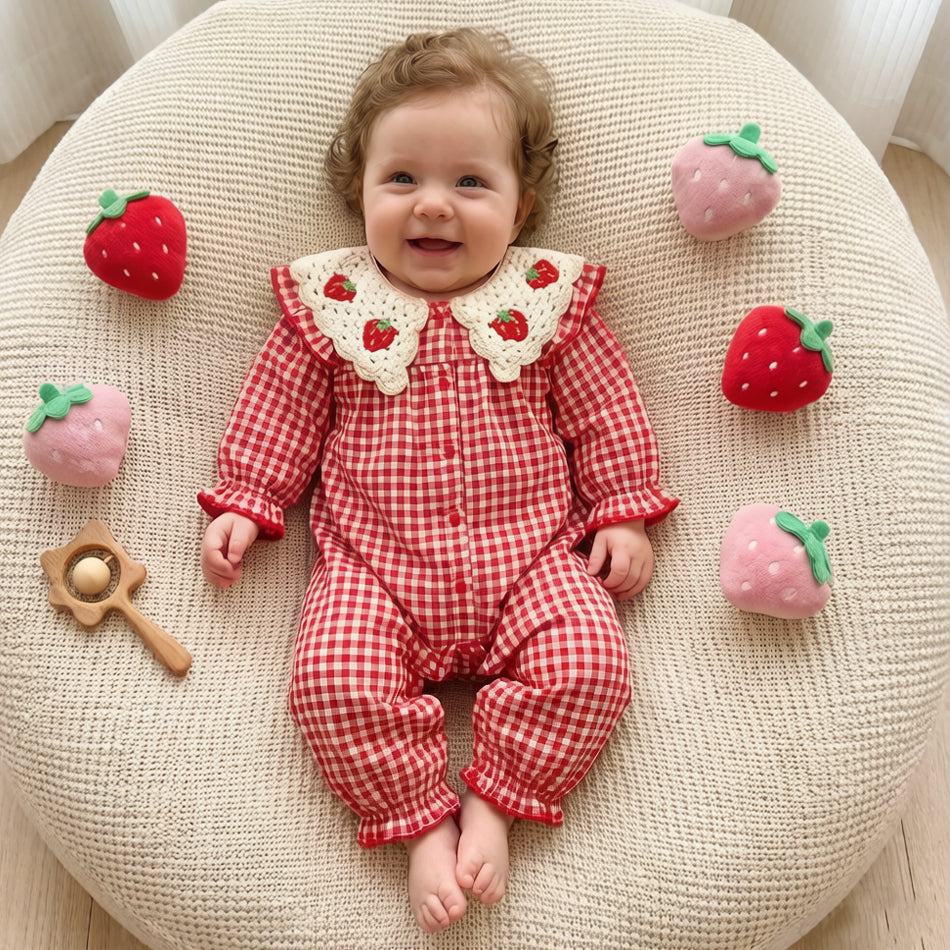Strawberry Embroidery Plaid Print Long Sleeve Baby Jumpsuit