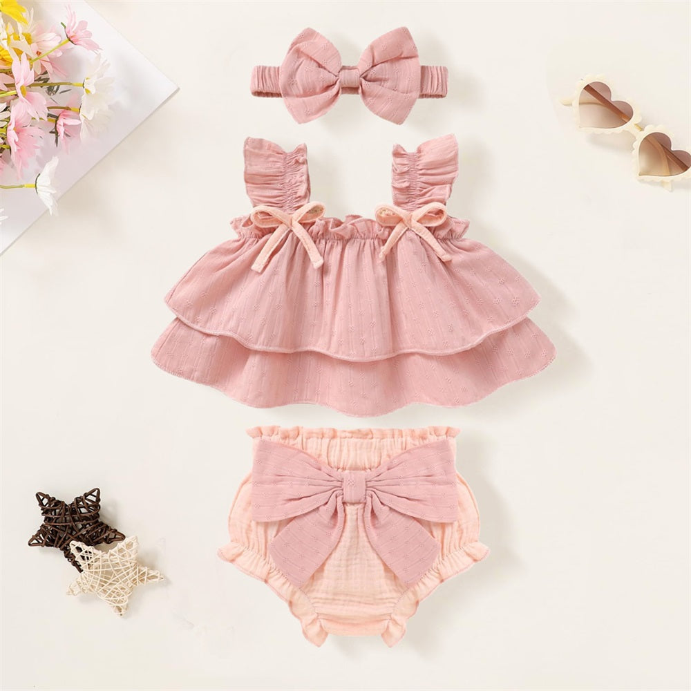 3PCS Summer Solid Color Fly Sleeve Frill Trim Baby Set