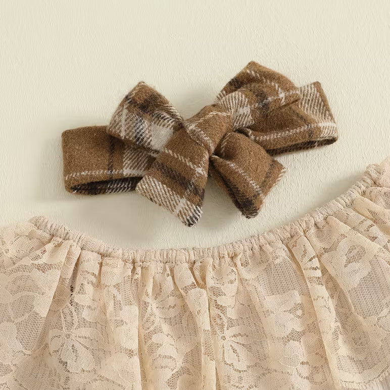3PCS Pretty Plaid Print Lace Trim Long Sleeve Baby Girl Set