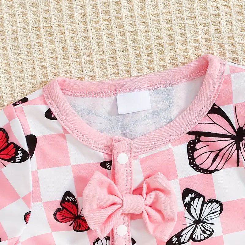 2PCS Sweet Butterfly Plaid Printed Long Sleeve Baby Jumpsuit