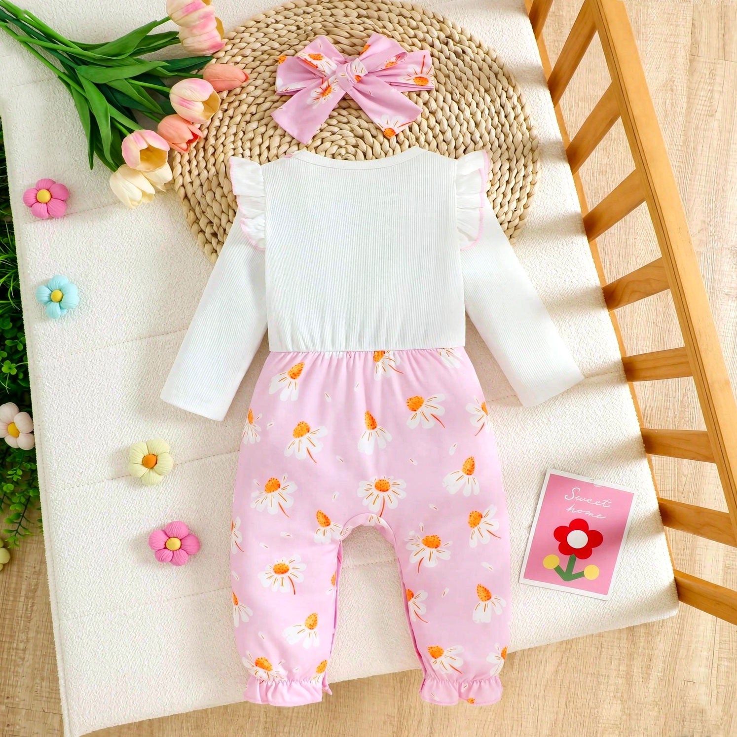 2PCS Bubbly Daisy Printed Long Sleeve Baby Girl Jumpsuit