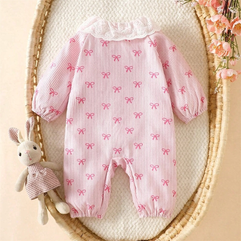 Sweet Bow Print Long Sleeve Baby Jumpsuit
