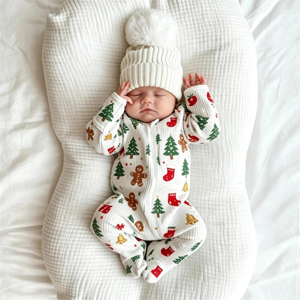 Christmas Tree Gingerbread Print Zipper Long Sleeve Baby Jumpsuit