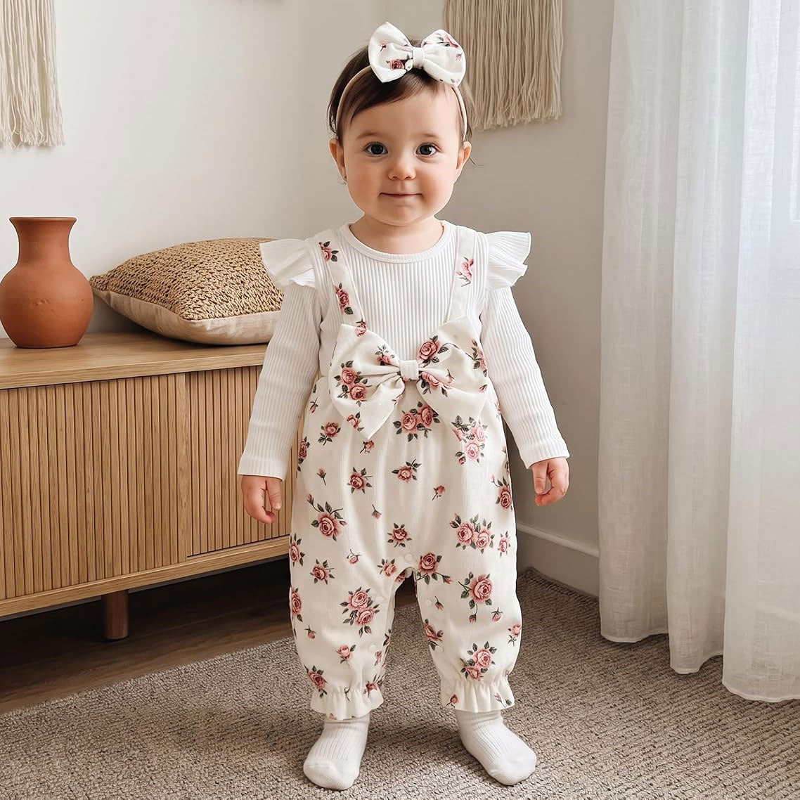 2PCS Exquisite Floral Print Ruffle Decor Long Sleeve Baby Jumpsuit
