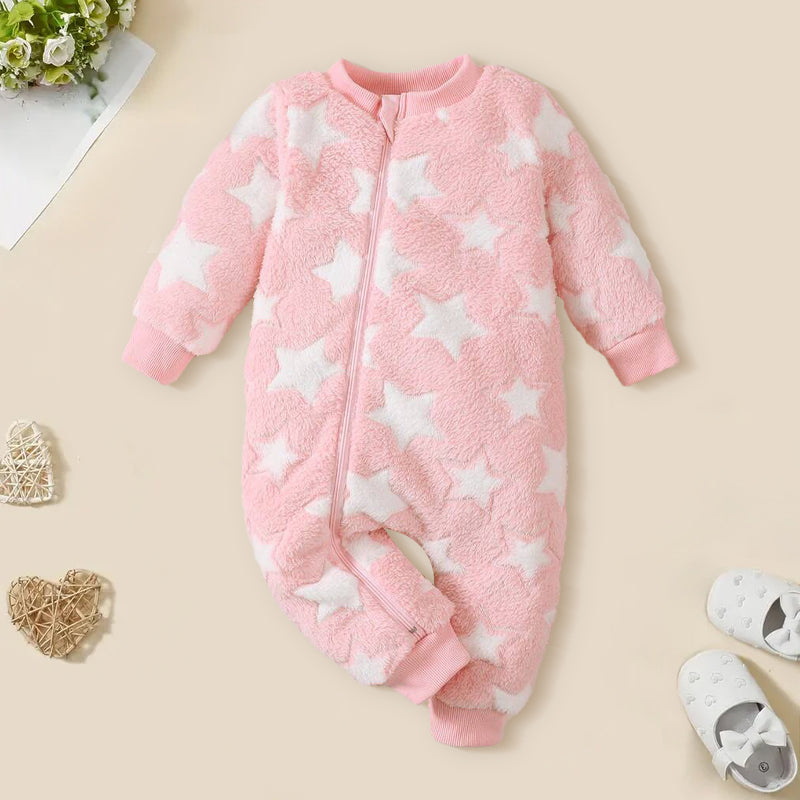 Casual Star Printed Fuzzy Long Sleeve Zipper Baby Jumpsuit