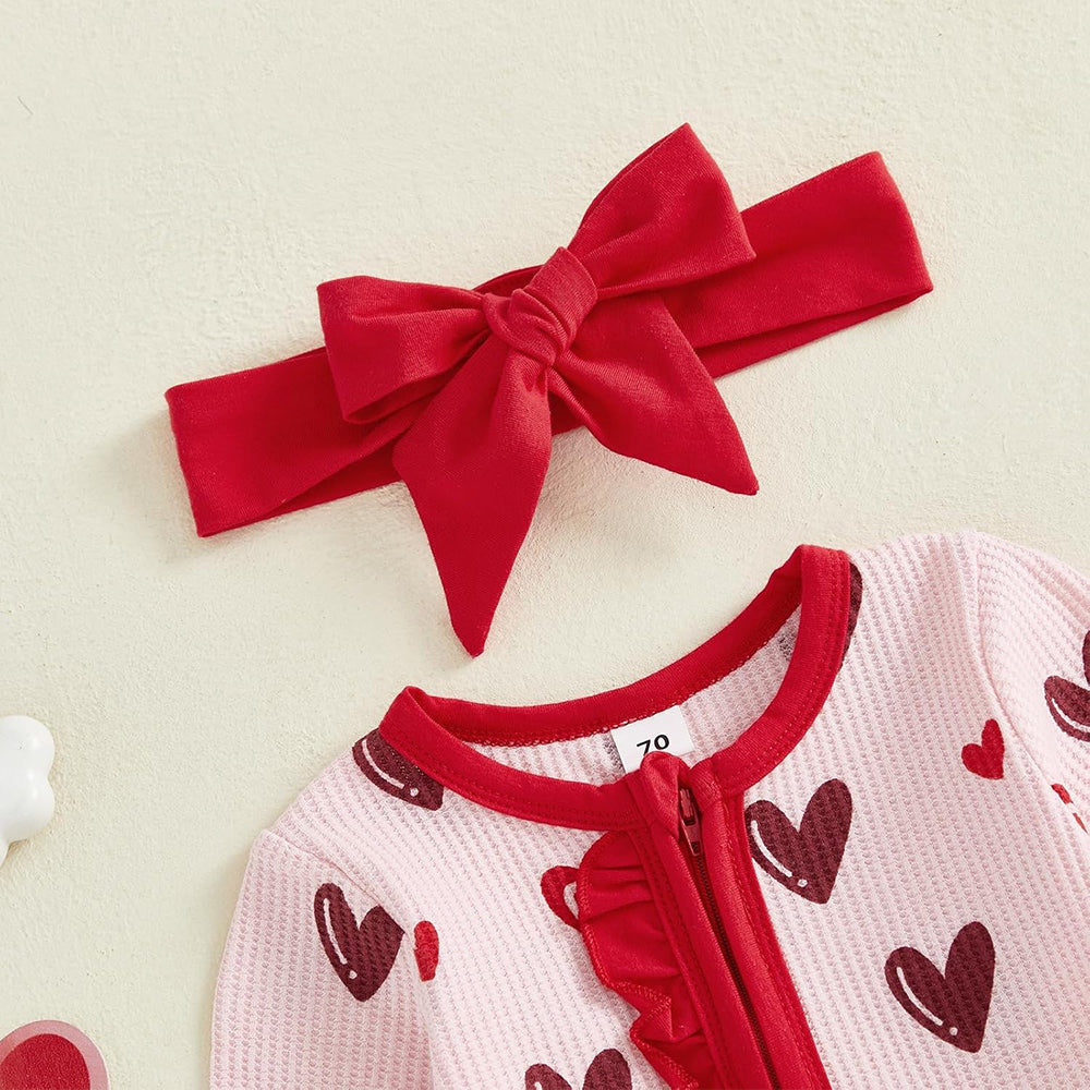 2PCS Timeless Heart Print Long Sleeve Zipper Baby Jumpsuit