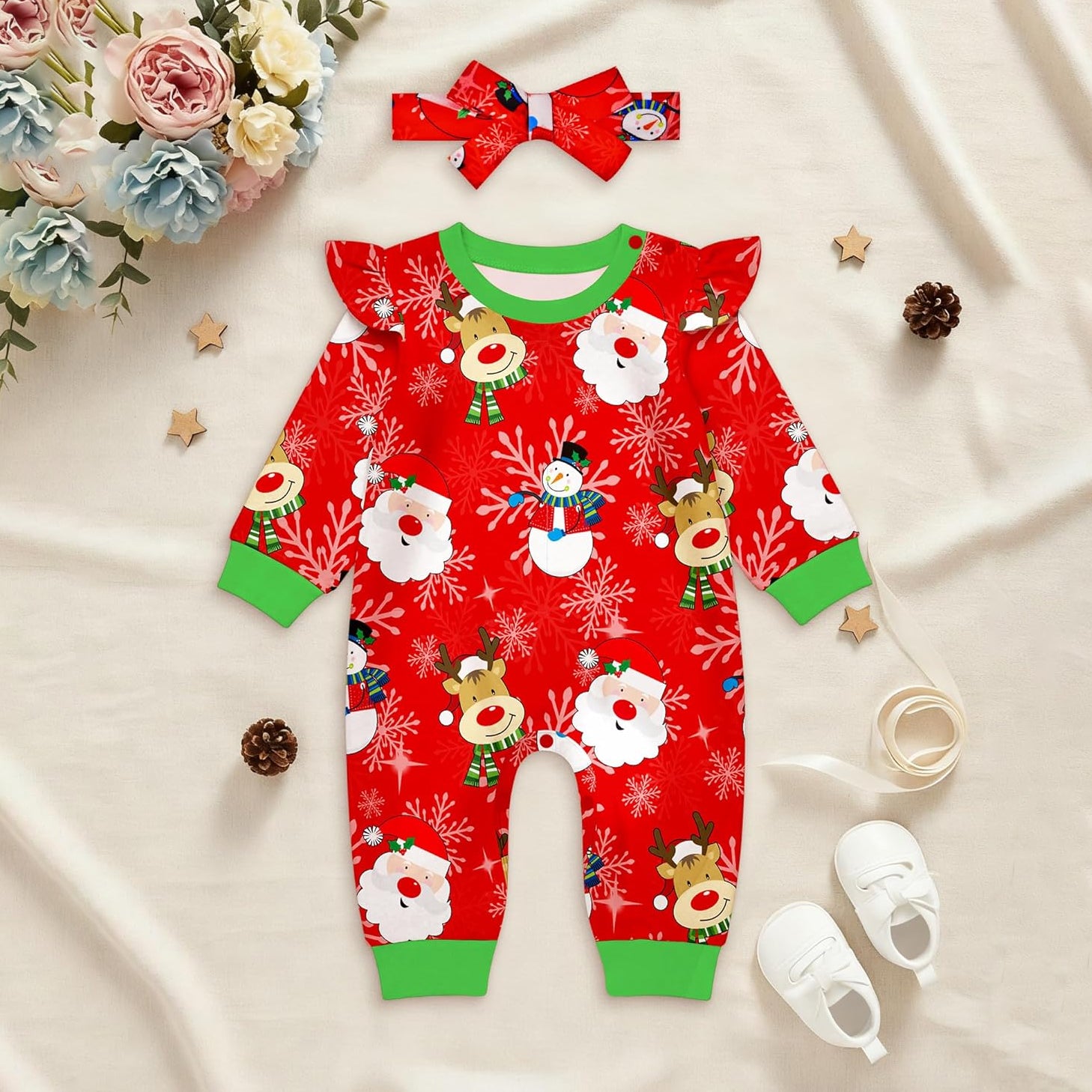 2PCS Christmas Santa Claus Elk Printed Baby Jumpsuit