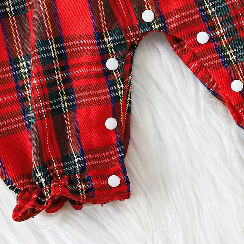 Striking Plaid Print Fake Two Piece Long Sleeve Baby Girl Jumpsuit