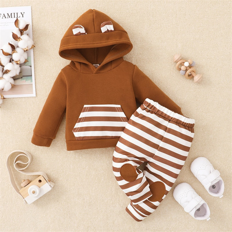 2PCS Casual 3D Ear Stripe Print Long Sleeve Hoodie Baby Set
