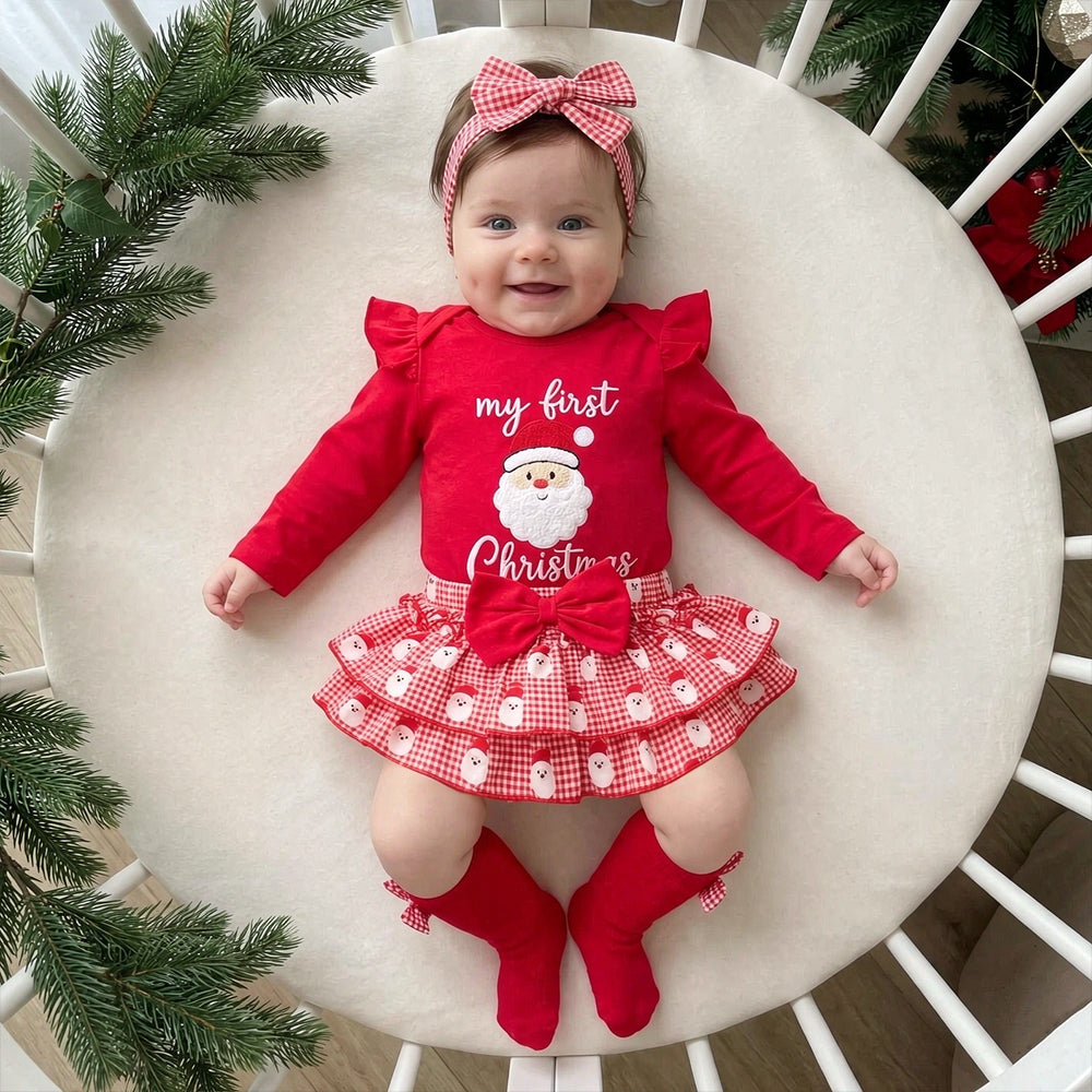 4 PCS Pretty My First Christmas Letter Santa Plaid Print Baby Set