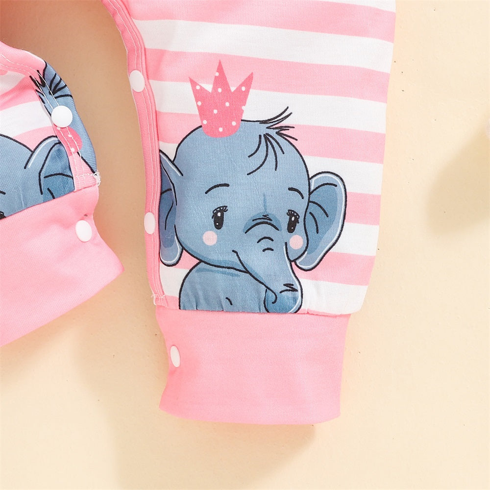 2PCS Lovely Elephant Print Striped Long Sleeve Baby Jumpsuit