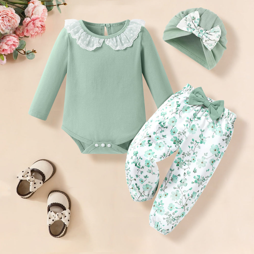 3PCS Pure Floral Print Long Sleeve Lace Baby Set