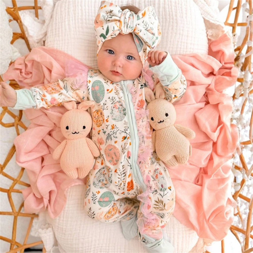 2PCS Pretty Floral Printed Long Sleeve Lace Trim Baby Jumpsuit