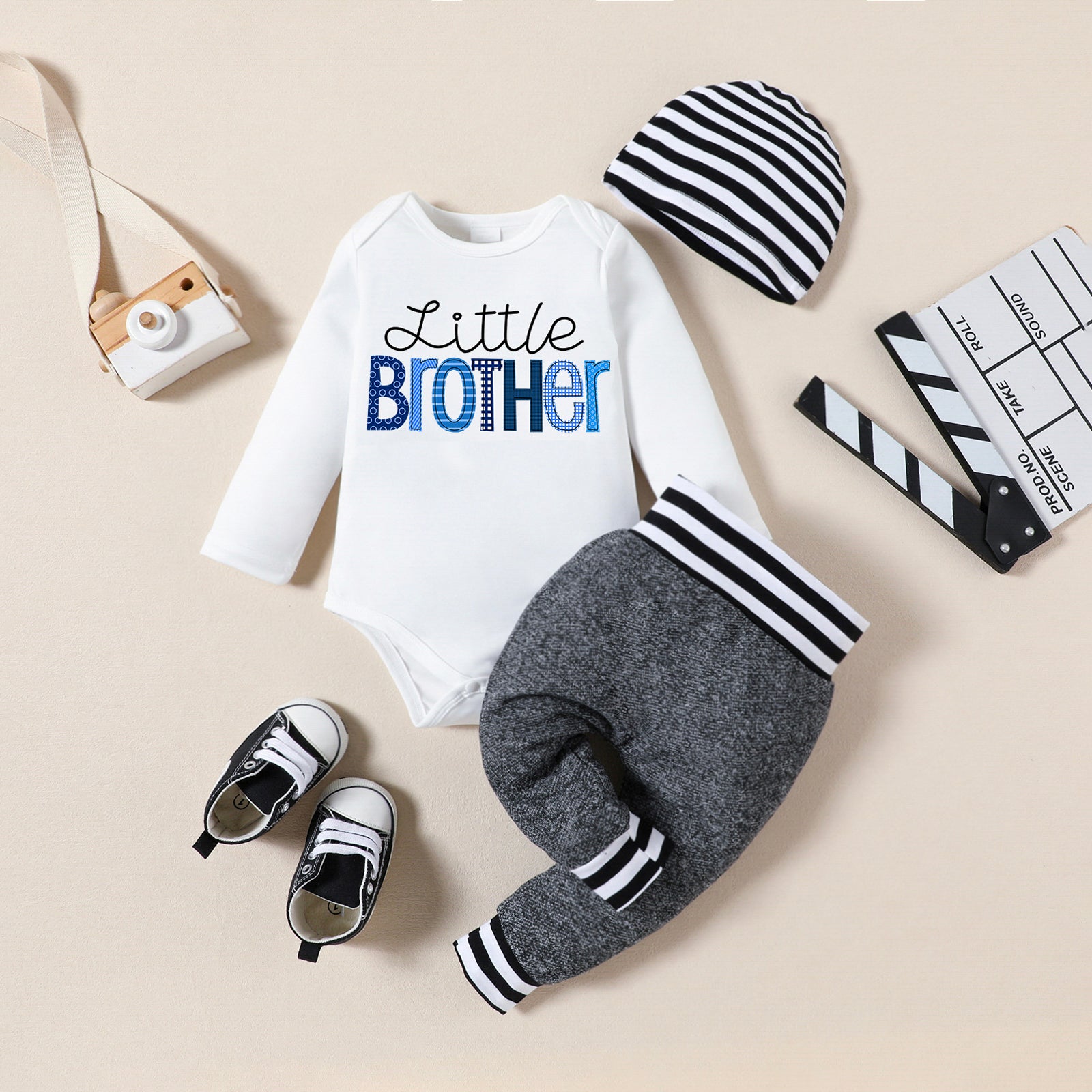 3PCS Little Brother Letter Printed Long Sleeve Baby Set