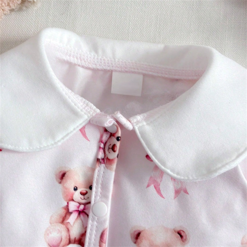 2PCS Lovely Bear Bow Print Long Sleeve Baby Jumpsuit