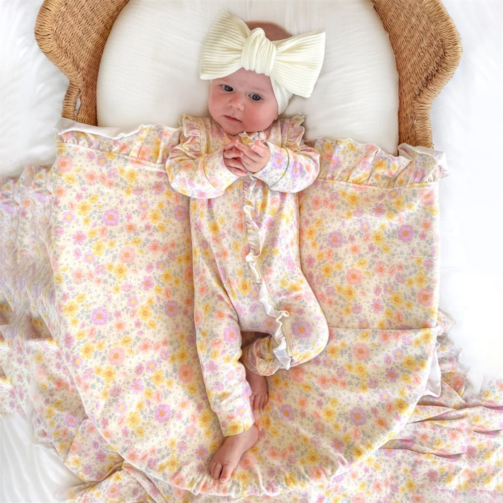 Allover Floral Print Frill Long Sleeve Baby Jumpsuit