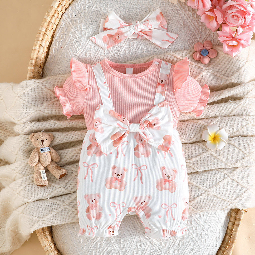 2PCS Baby Girl Teddy Bear Bow Print Faux Two Piece Short Sleeve Jumpsuit