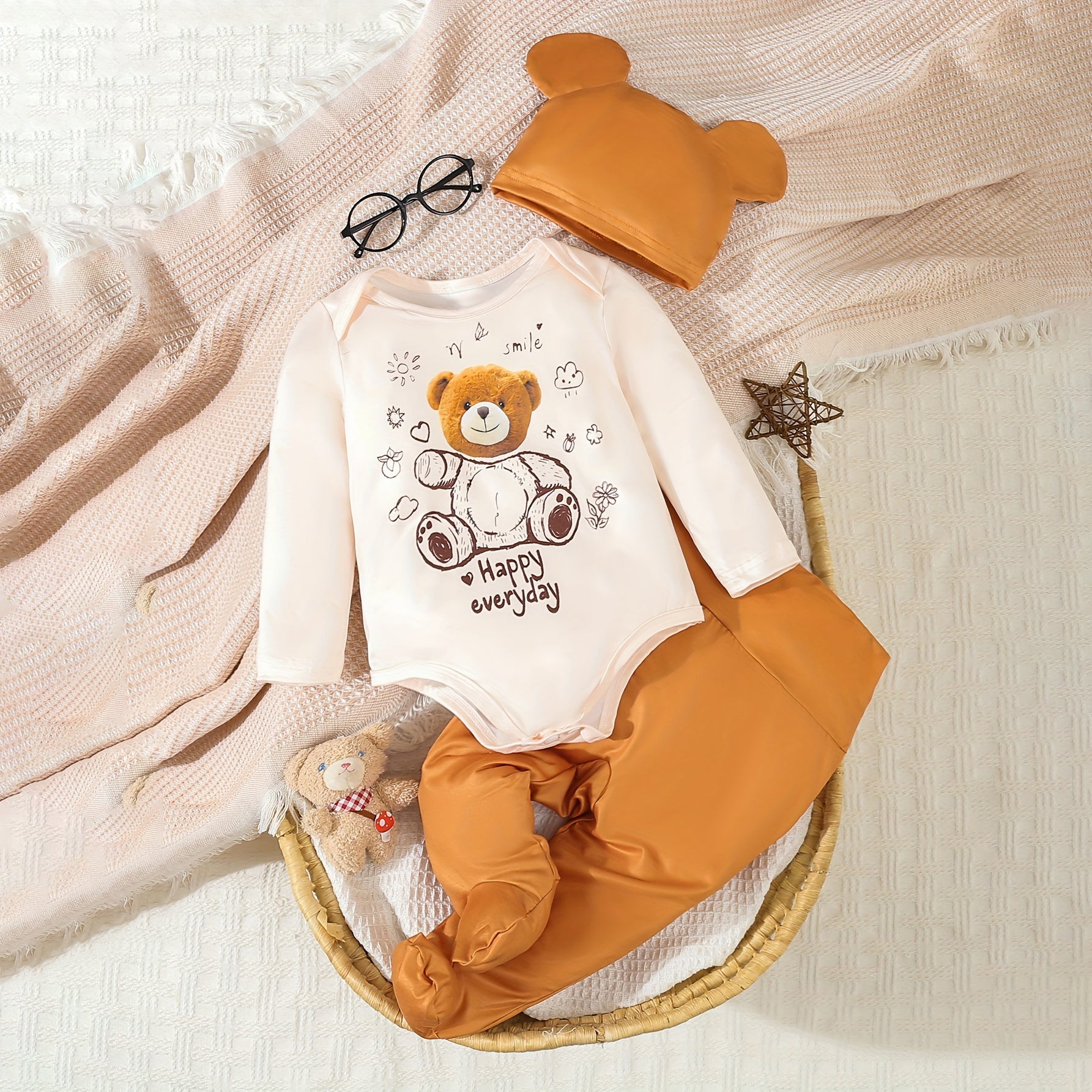 3PCS Cute Happy Everyday Bear Letter Printed Baby Set