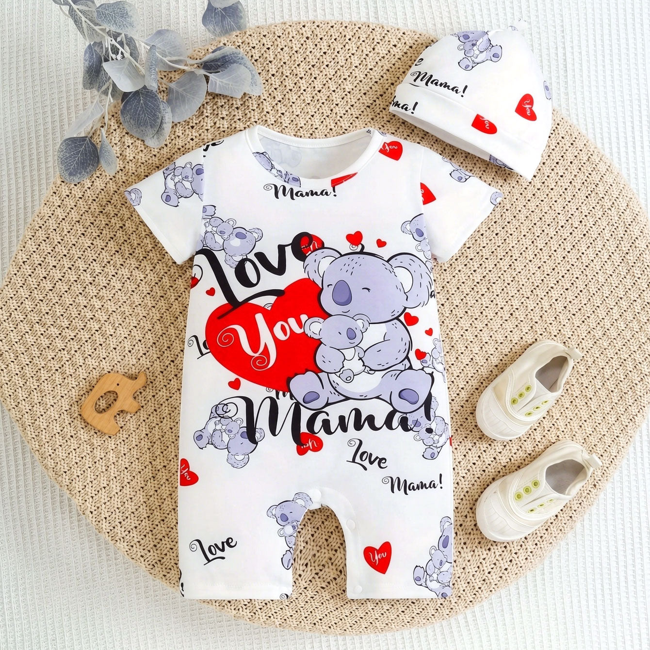 2PCS Love You Mama Letter Koala and Heart Printed Baby Jumpsuit