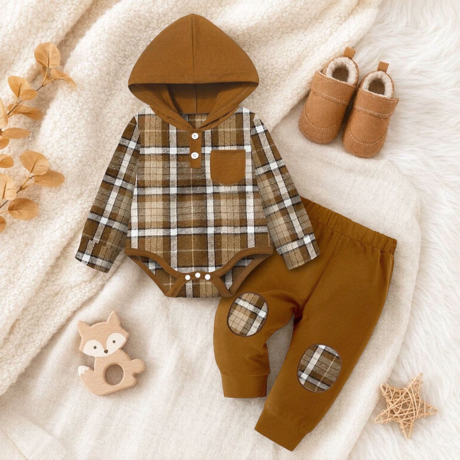 2PCS Dapper Plaid Printed Long Sleeve Hooded Baby Boy Set