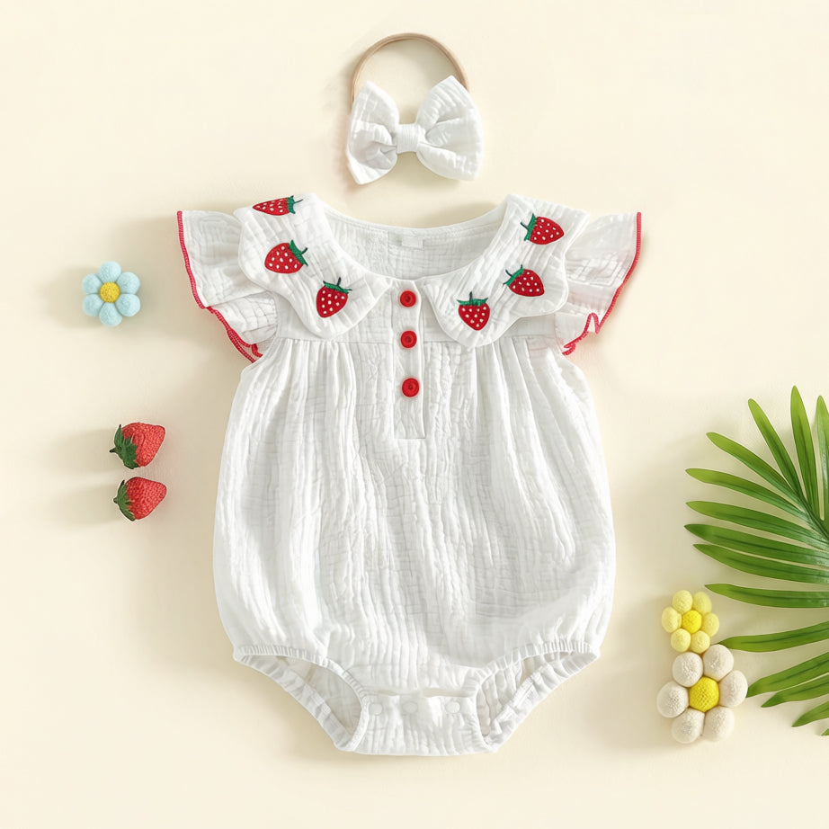 2PCS Lovely Strawberry Embroidery Flounce Sleeve Baby Romper